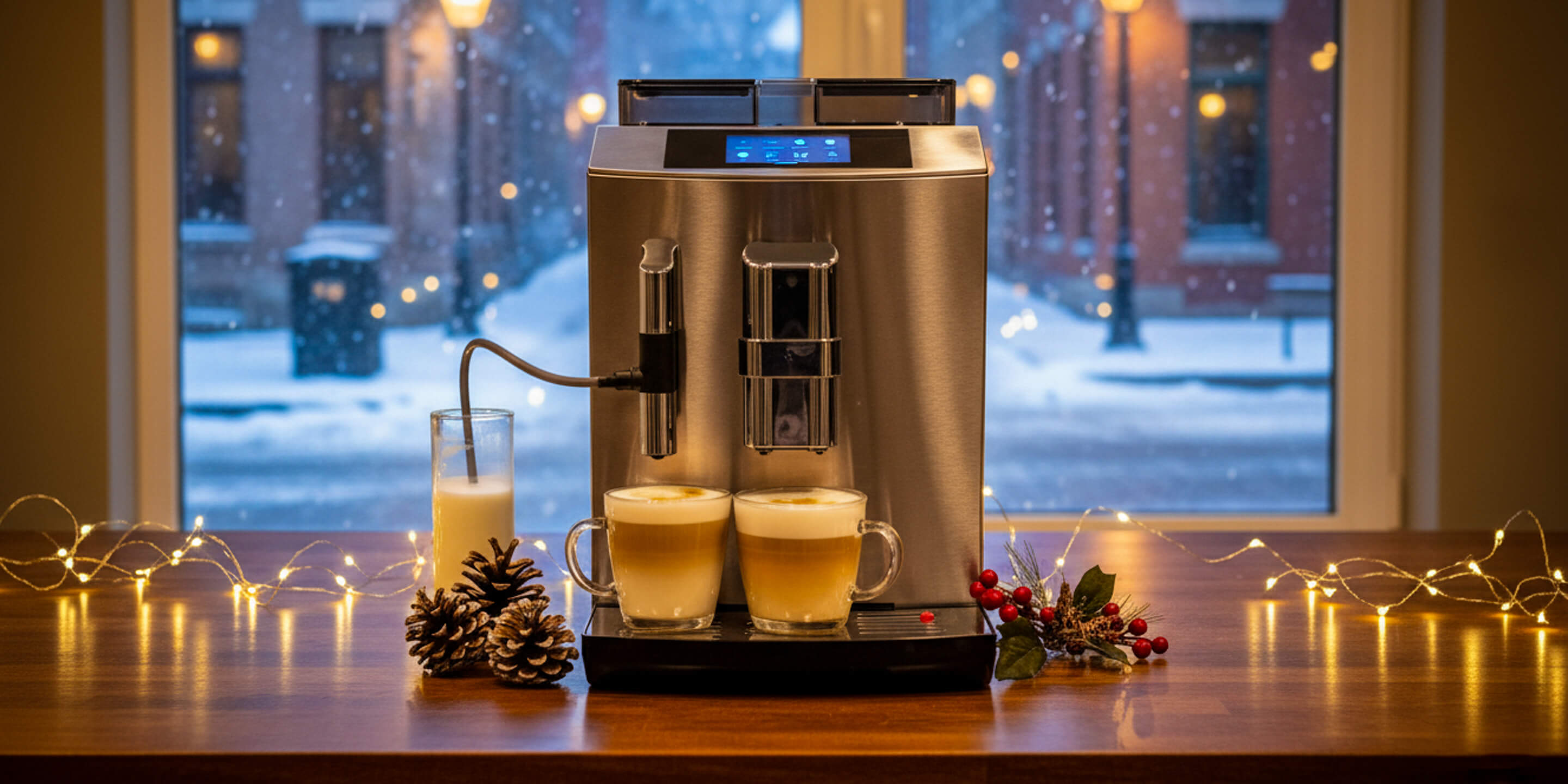 Gamea Lux espresso cappuccino machine brewing lattes with festive lights and winter window view – Terra Coffee & Tea 2025 Holiday Giveaway.