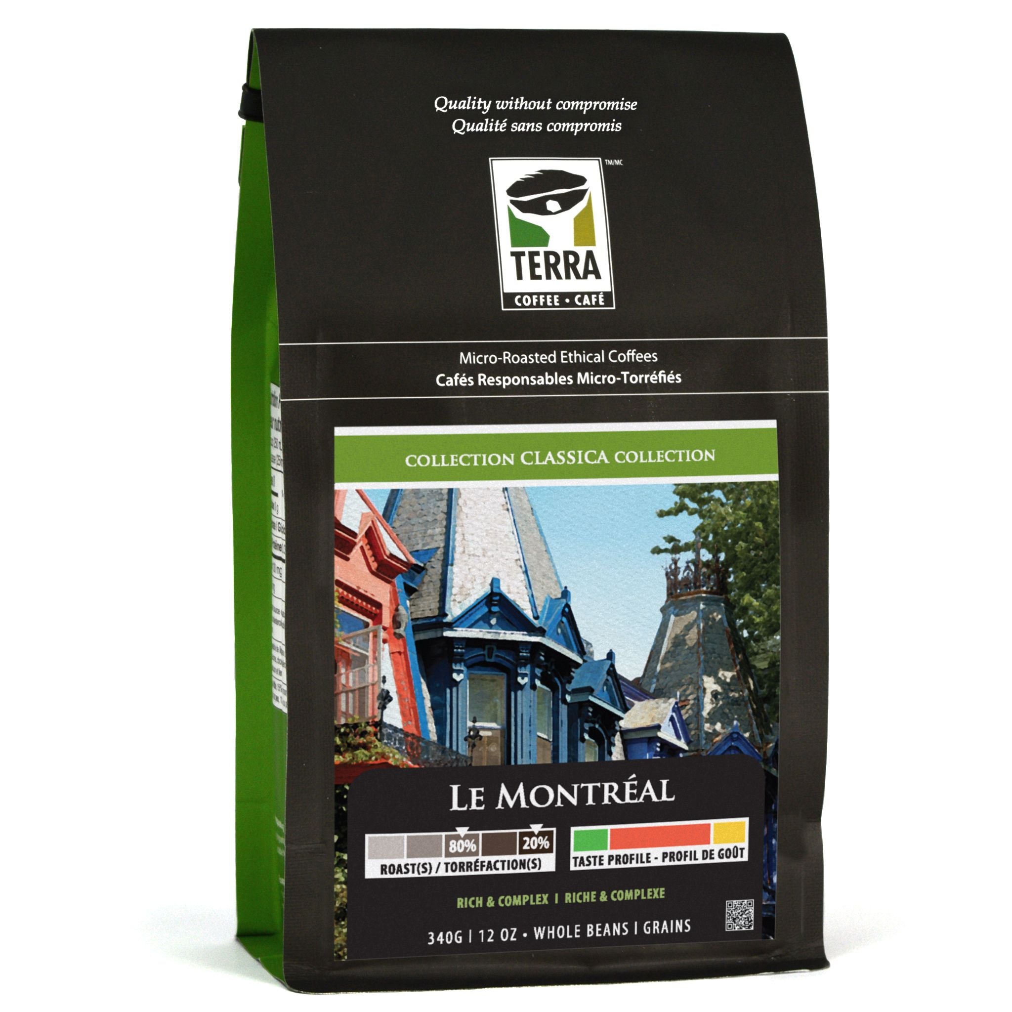 A package of Terra Coffee Club Montreal Blend Coffee, showing a graphic of coffee beans and a cityscape, indicating medium to dark roast.